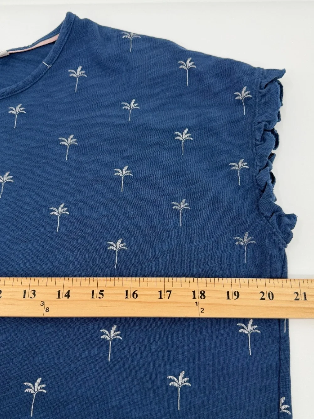 Boden T Shirt Dress Women 6 Blue Short Cap Sleeves Ruffles Metallic Palm Trees